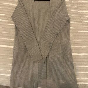 Long Gray Open Front Cardigan | Ribbed Knit Cozy Layer | Women’s L